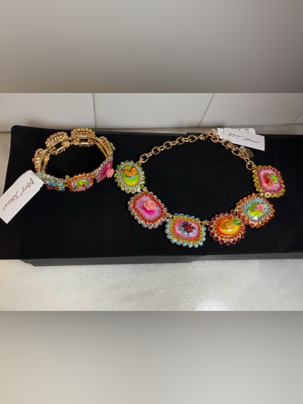 Betsey Johnson Backyard Stone Critter Bib Statement Necklace & Matching Bracelet